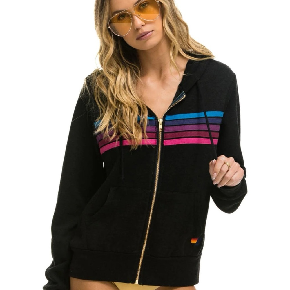 Aviator Nation black 5 stripe zip hoodie